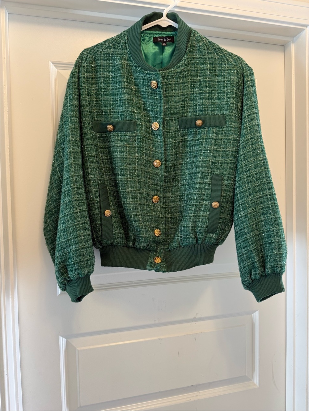 Green Tweed Bomber Jacket with Gold Buttons